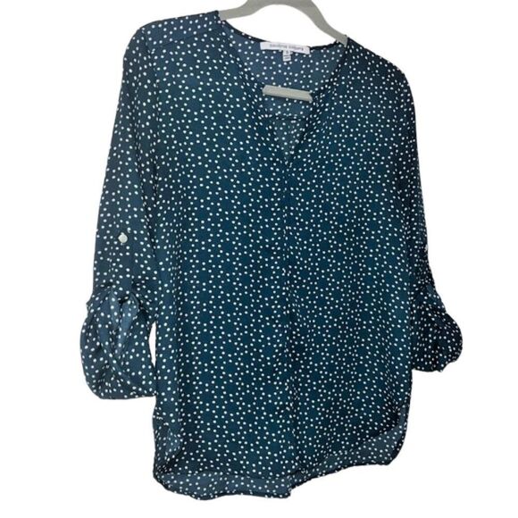 Collective Concepts Women's Green & White Polka Dot Blouse Roll-Tab Sleeve Small - Picture 4 of 9